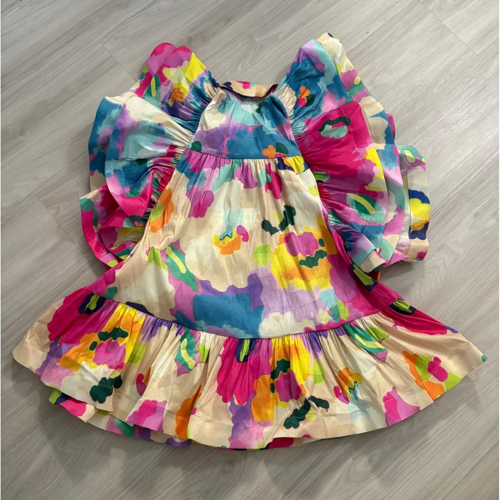 Love Highlight Dress Women Abstract Floral Ruffle Butterfly Sleeve Babydoll M - Picture 3 of 15
